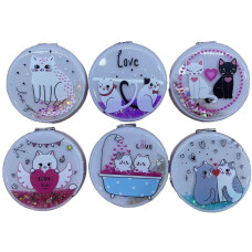 Дзеркало косметичне /1257-10/ "Котики-Love-сипучі блискітки" 7см, мікс (12/288)