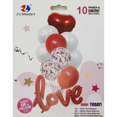 Набір повітряних кульок /1212-10-7/ фольговані "Серце Love" 10шт.=1шт*76*47см+9шт*30см (1/10)