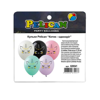 Кульки повітряні "Pelican" /828541/ 12"(30сm) "Котик- єдиноріг" 1-стор 10шт