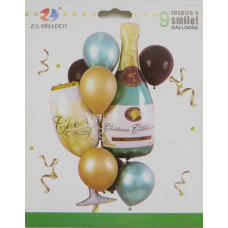 Набір повітряних кульок /1212-28/ фольговані "Cheers-келих, шампанське" 9шт.=2шт*90см+7шт.*30см блакитний, золотий Набір повітряних кульок /1212-28/ фольговані "Cheers-келих, шампанське" 9шт.=2шт*90см+7шт.*30см блакитний, золотий