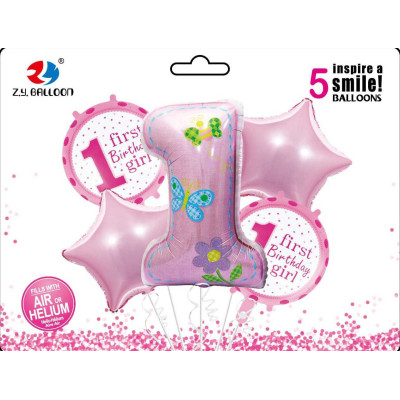 Набір повітряних кульок /1212-34/ фольговані "First birthday-Girl" 5шт. = 1шт * 80см + 4шт * 45см