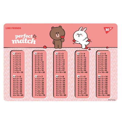Підкладка настільна 29*42см "YES" /492255/ "Line Friends. Choco and Cony"  (таблиця множення)  (1/10/200)