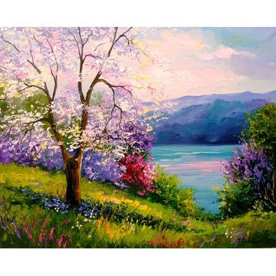 Алмазна мозаїка "Go to art" /177115/  "Цвітіння вишні на березі озера" 30*40см