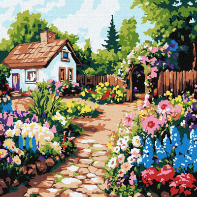Картина за номерами "Ідейка" /KHO6382/ "Квіти біля хатини" 30*30см