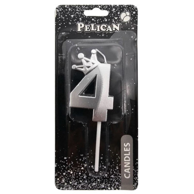 Свічка для торту "Pelican" /863114/ цифра 3D з короною "4", срібло 6см (1/12) 