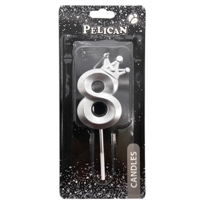 Свічка для торту "Pelican" /863118/ цифра 3D з короною "8", срібло 6см (1/12)
