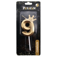 Свічка для торту "Pelican" /863109/ цифра 3D з короною "9", золото 6см (1/12)